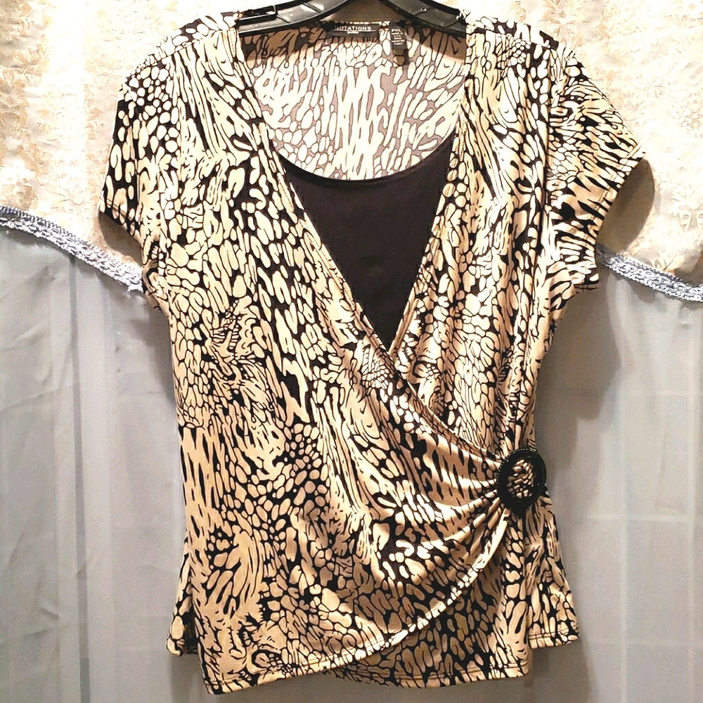 NOTATIONS PETITE BLACK/CREAM STRETCHY TOP SZ PXL
